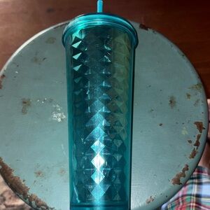 Starbucks 2015 tumbler 24 oz teal blue Diamond foil with straw